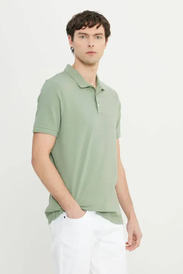 Men's Teal Cotton Slim Fit Narrow Cut Polo Collar Jacquard Flexible T-shirt - 3