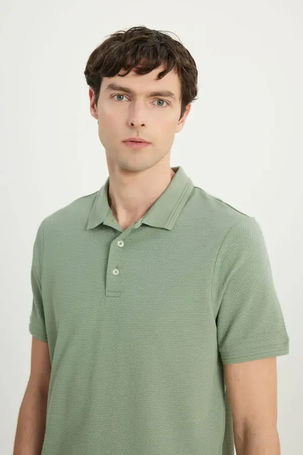 Men's Teal Cotton Slim Fit Narrow Cut Polo Collar Jacquard Flexible T-shirt - 4