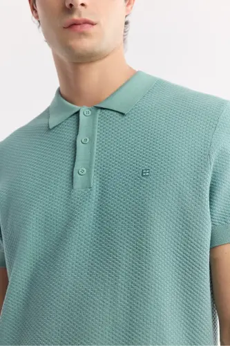Men's Teal Regular Fit Polo Neck Textured Knit T-shirt B005120-Teal - 2