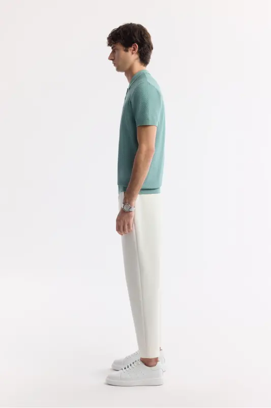 Men's Teal Regular Fit Polo Neck Textured Knit T-shirt B005120-Teal - 3