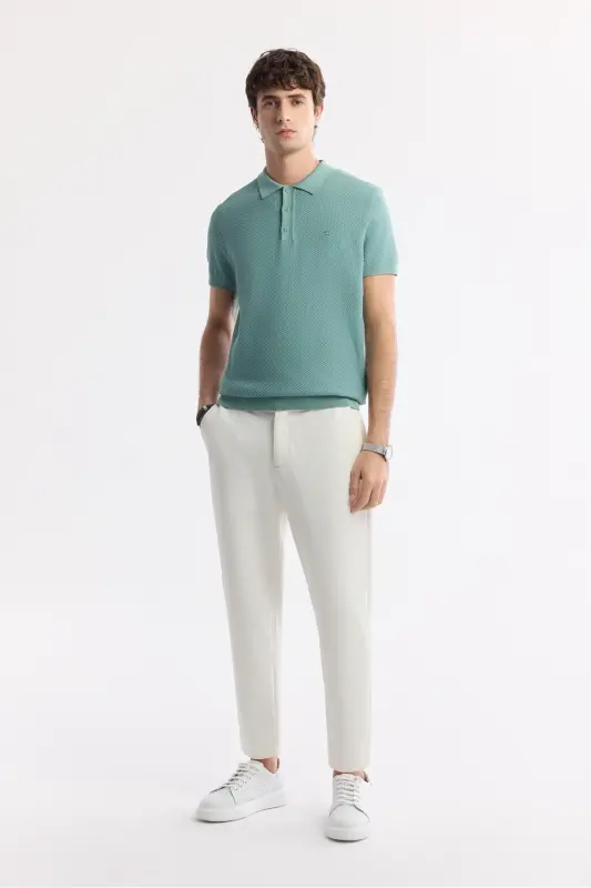 Men's Teal Regular Fit Polo Neck Textured Knit T-shirt B005120-Teal - 5