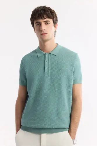 Men's Teal Regular Fit Polo Neck Textured Knit T-shirt B005120-Teal - 6