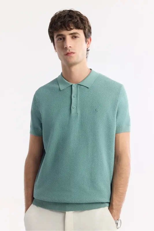 Men's Teal Regular Fit Polo Neck Textured Knit T-shirt B005120-Teal - 6