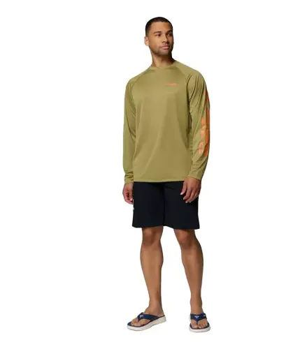 Men's Terminal Tackle Long-Sleeve T-Shirt - Grove Green Heather/Spark Orange Logo - COLUMBIA (1)