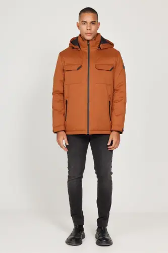 Men's Terracotta Standard Fit Regular Cut Detachable Hooded Coat - 3