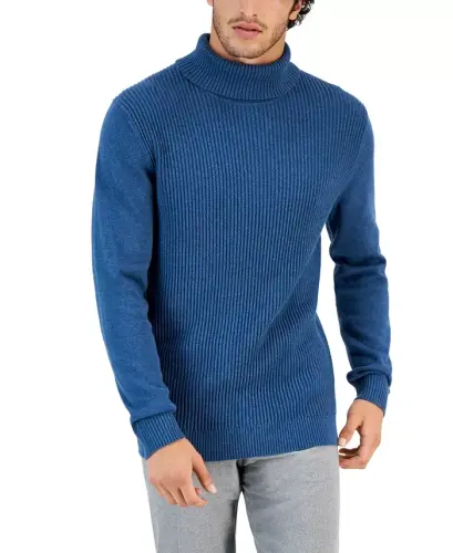 Men's Textured Cotton Turtleneck Sweater, Created for Modazone - Blue Wing Hthr - 1