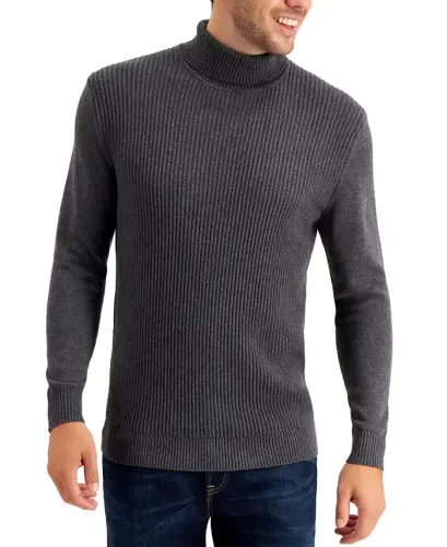 Men's Textured Cotton Turtleneck Sweater, Created for Modazone - Charcoal Heather - 1