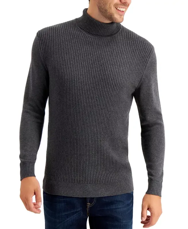 Men's Textured Cotton Turtleneck Sweater, Created for Modazone - Charcoal Heather - 1