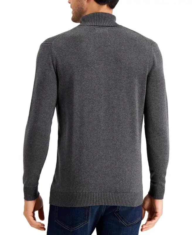Men's Textured Cotton Turtleneck Sweater, Created for Modazone - Charcoal Heather - 2