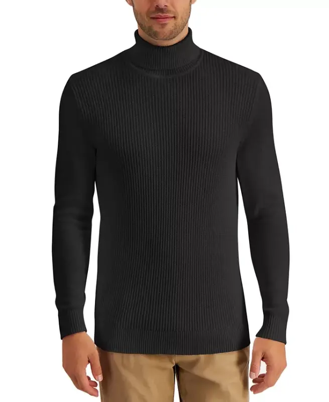 Men's Textured Cotton Turtleneck Sweater, Created for Modazone - Deep Black - 1