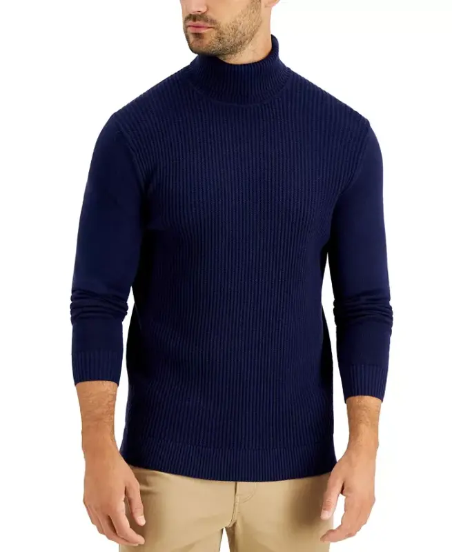 Men's Textured Cotton Turtleneck Sweater, Created for Modazone - Navy Blue - 2