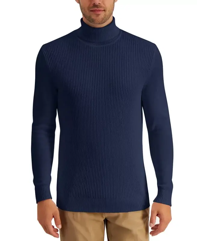 Men's Textured Cotton Turtleneck Sweater, Created for Modazone - Navy Blue - CLUB ROOM