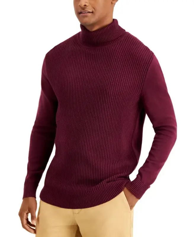 Men's Textured Cotton Turtleneck Sweater, Created for Modazone - Red Plum - CLUB ROOM