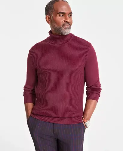 Men's Textured Cotton Turtleneck Sweater, Created for Modazone - Red Plum - 4