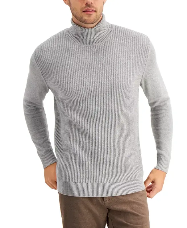 Men's Textured Cotton Turtleneck Sweater, Created for Modazone - Soft Grey Heather - CLUB ROOM