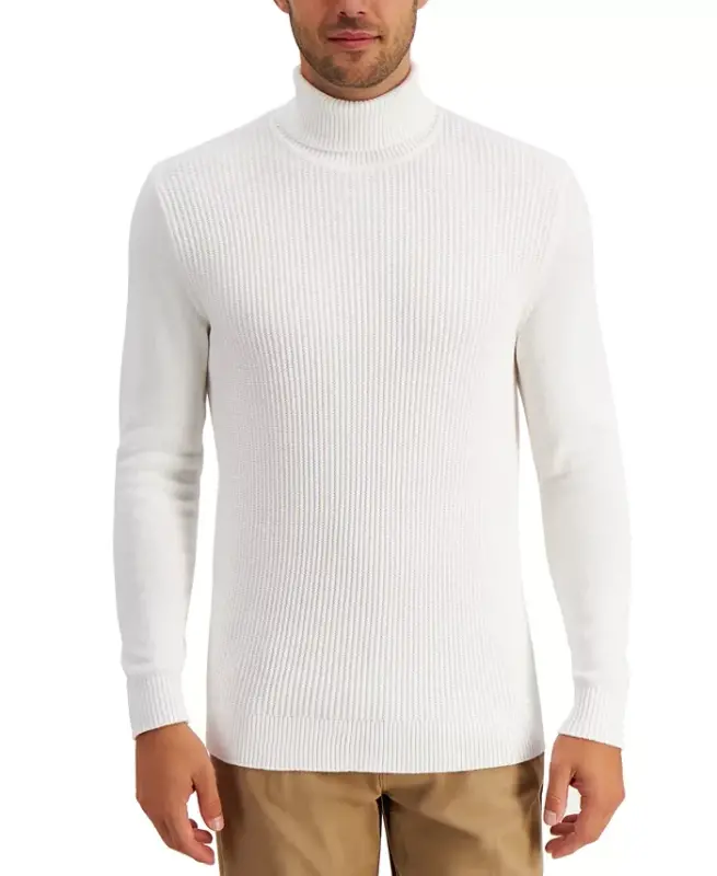 Men's Textured Cotton Turtleneck Sweater, Created for Modazone - Winter Ivory - 1