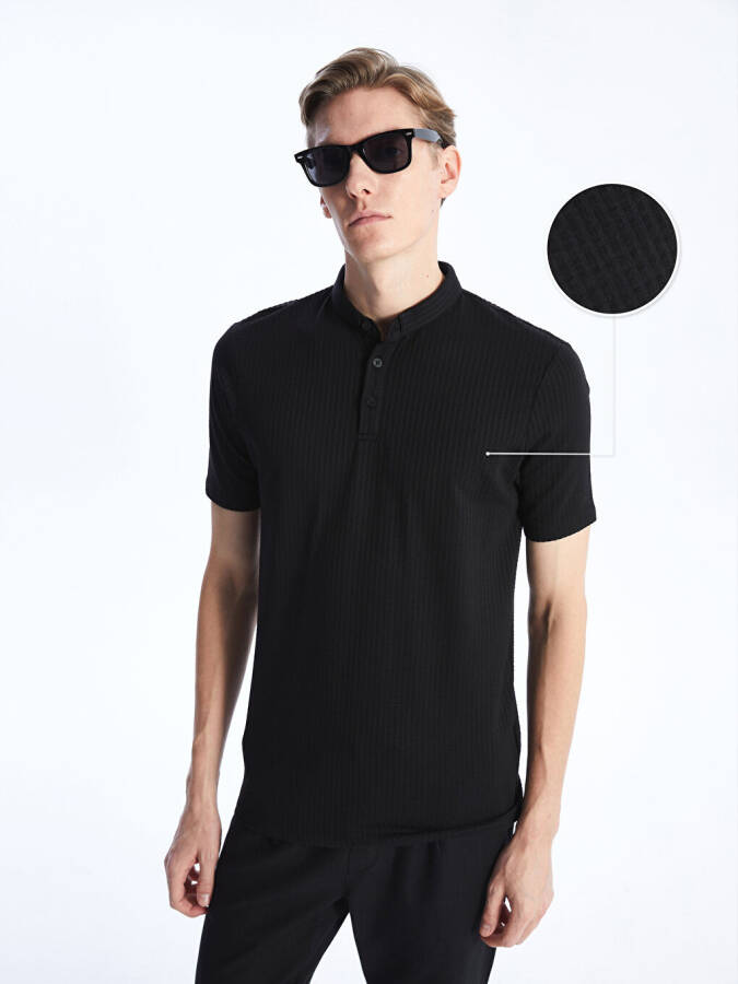 Men's Textured Short Sleeve T-Shirt with Bicycle Collar - 8