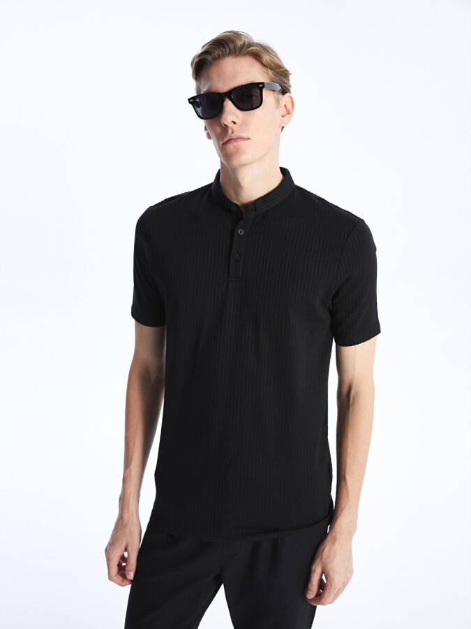 Men's Textured Short Sleeve T-Shirt with Bicycle Collar - 15