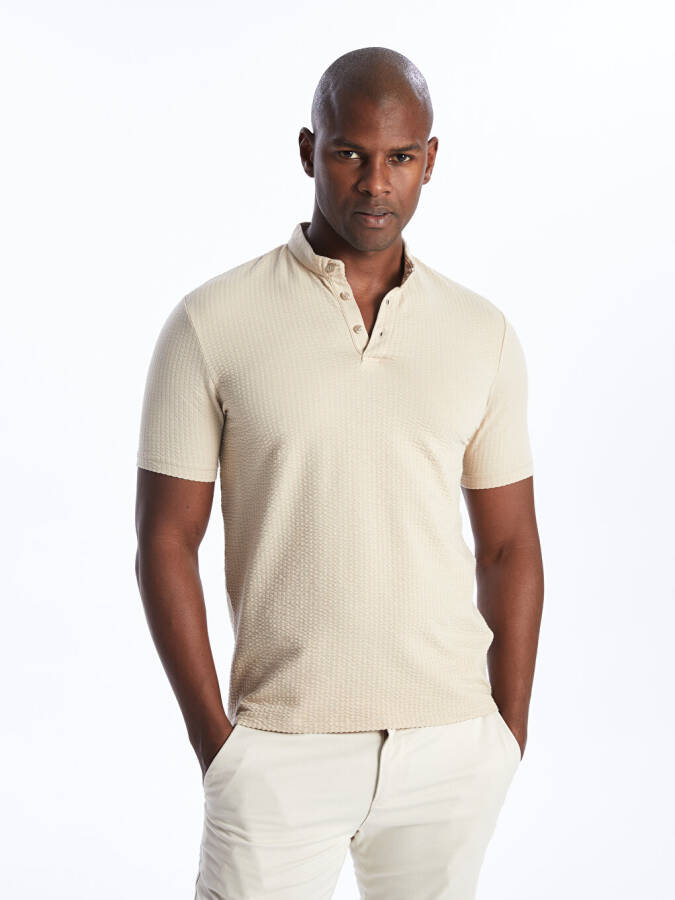 Men's Textured T-Shirt with Bike Collar and Short Sleeves - 15