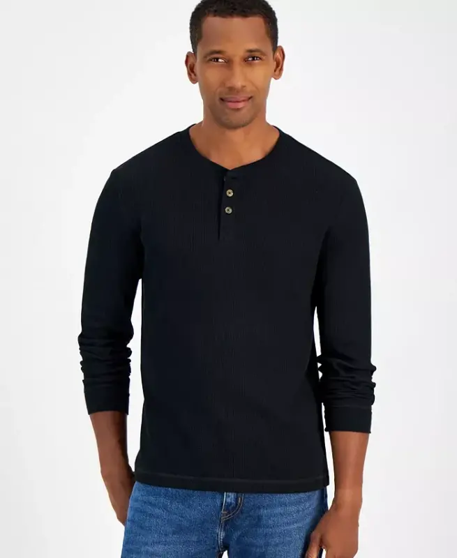 Men's Thermal Long-Sleeve Henley, Created for Modazone - Deep Black - CLUB ROOM