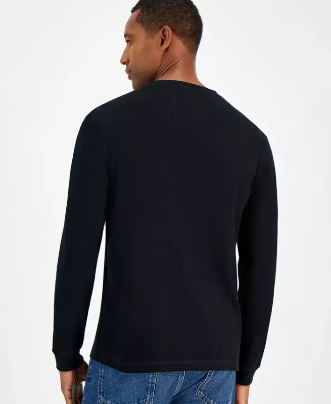 Men's Thermal Long-Sleeve Henley, Created for Modazone - Deep Black - 2