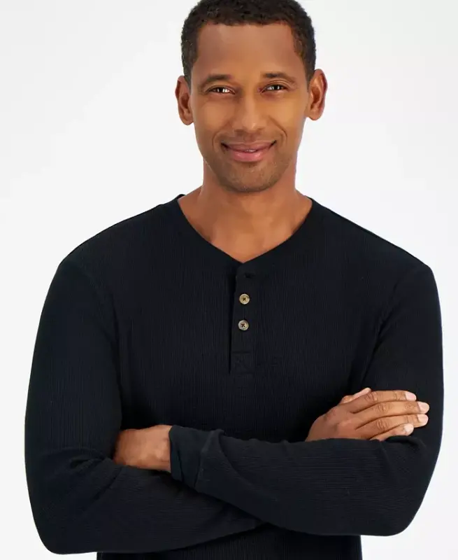 Men's Thermal Long-Sleeve Henley, Created for Modazone - Deep Black - 3