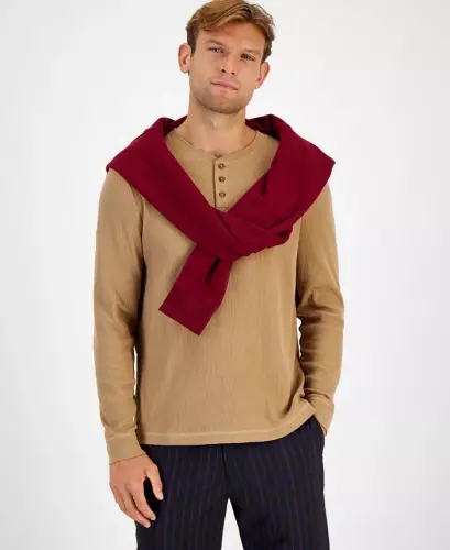 Men's Thermal Long-Sleeve Henley, Created for Modazone - Moca 