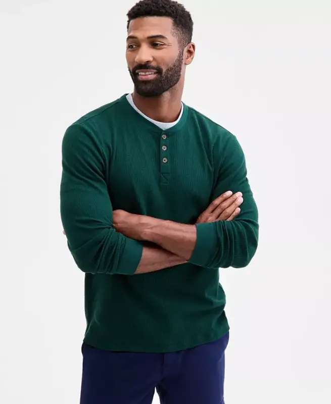 Men's Thermal Long-Sleeve Henley, Created for Modazone - Pine Grove - CLUB ROOM