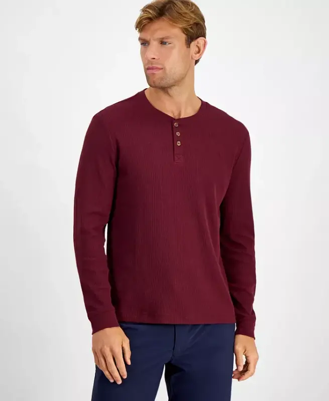 Men's Thermal Long-Sleeve Henley, Created for Modazone - Red Plum - CLUB ROOM