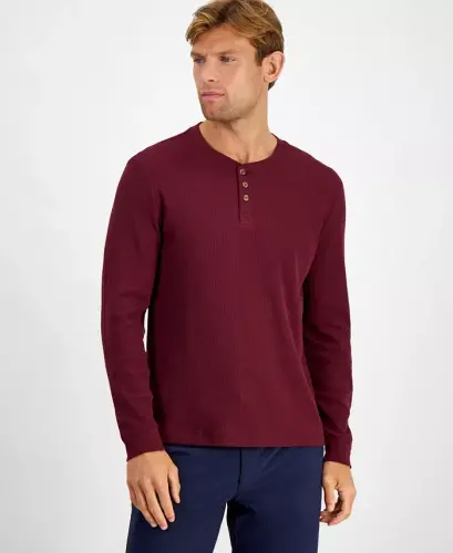 Men's Thermal Long-Sleeve Henley, Created for Modazone - Red Plum 