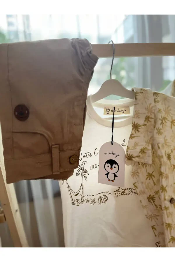 Men's Three-Piece Palm Print Muslin Shirt Set - 4