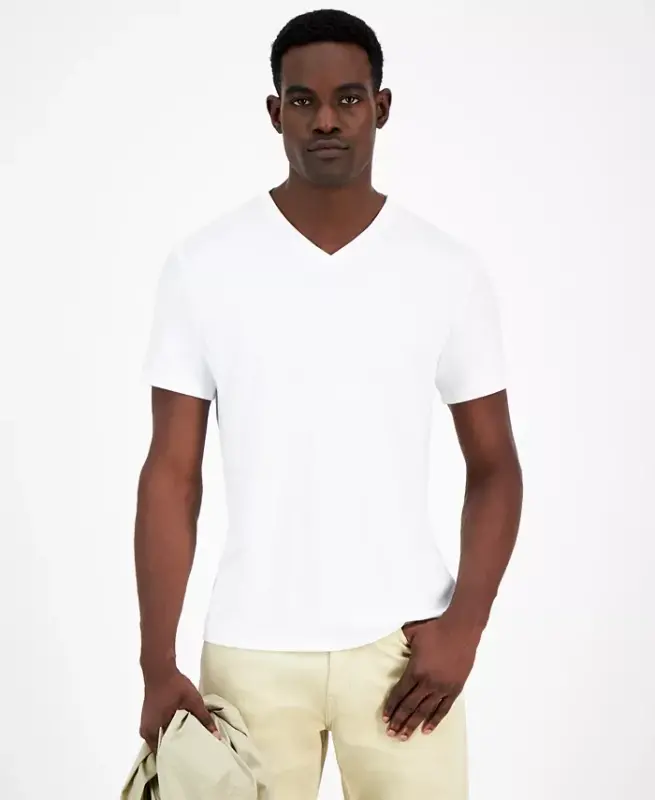 Men's Travel Stretch V-Neck T-Shirt, Created for Modazone - Bright White - 1