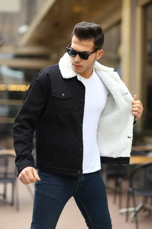 Men's Trend Winter Fur Lined Denim Jacket Black-BLACK - 2