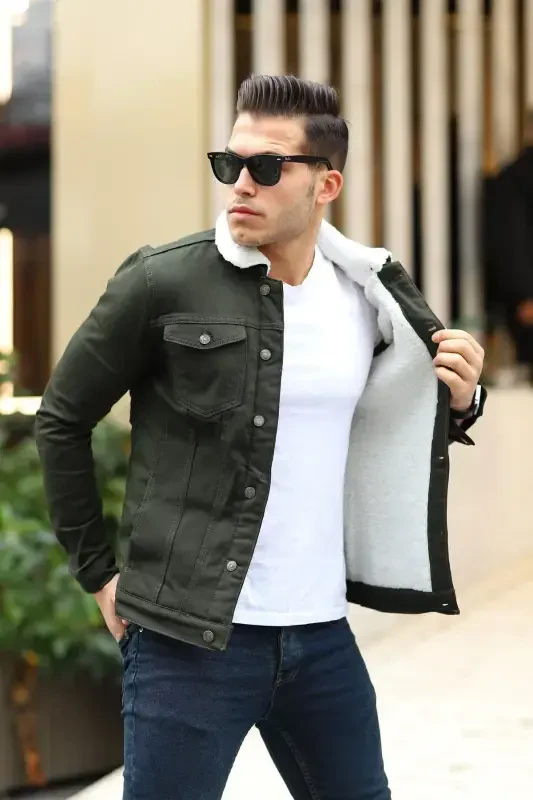 Men's Trend Winter Fur Lined Denim Jacket White Khaki-KHAKI - COMSTAR