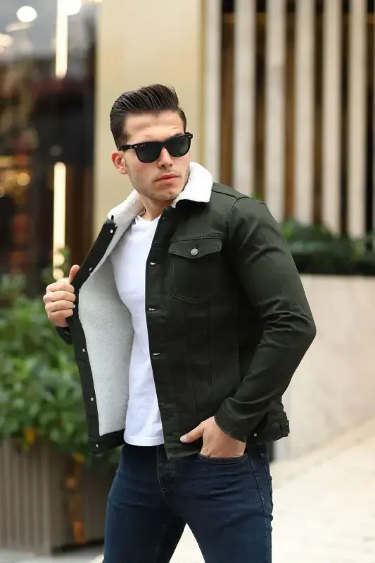 Men's Trend Winter Fur Lined Denim Jacket White Khaki-KHAKI - 3