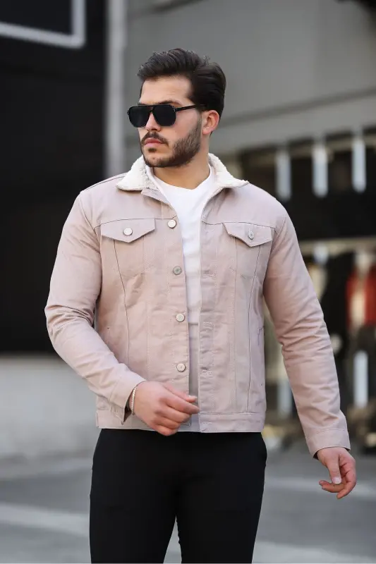Men's Trend Winter Furred Denim Jacket Beige - BEIGE - 3