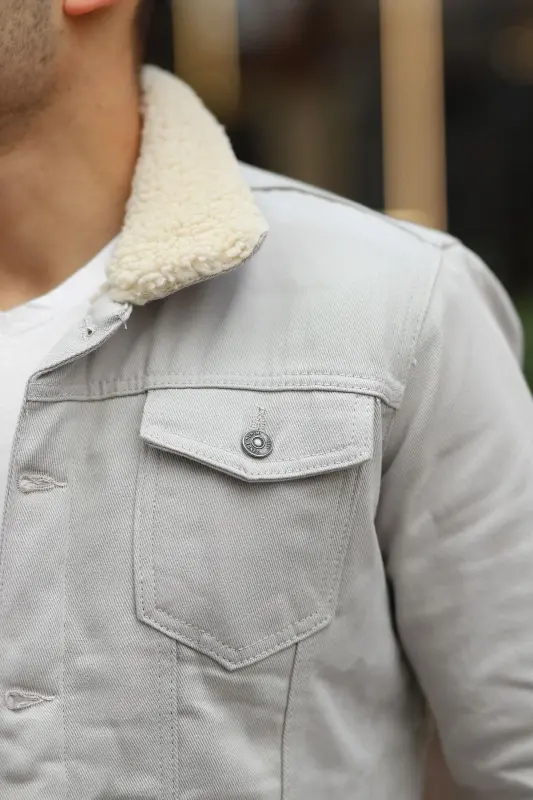 Men's Trendy Winter Denim Jacket with Fur Lining Beige Stone - STONE-CREAM - 2