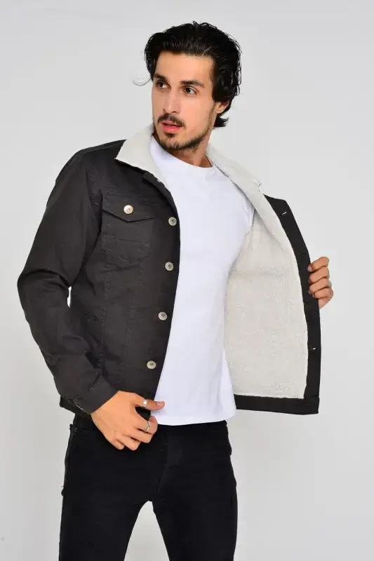 Men's Trendy Winter Fur Lined Denim Jacket Anthracite-D.GRY - 1
