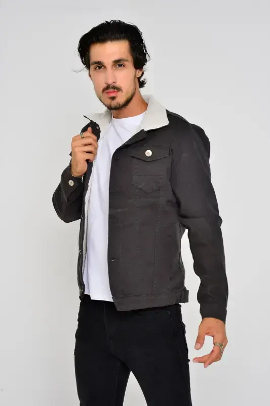 Men's Trendy Winter Fur Lined Denim Jacket Anthracite-D.GRY - 2