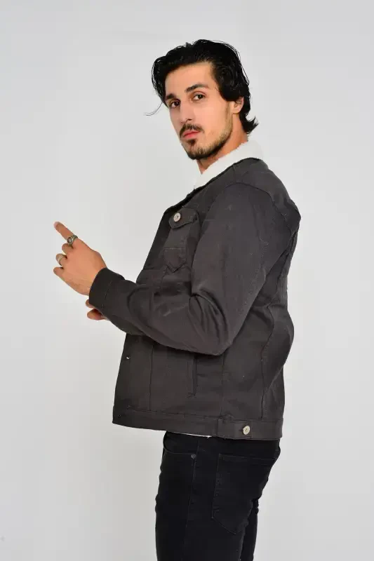 Men's Trendy Winter Fur Lined Denim Jacket Anthracite-D.GRY - 3