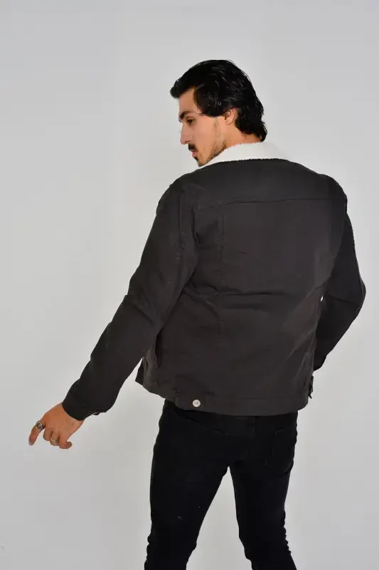 Men's Trendy Winter Fur Lined Denim Jacket Anthracite-D.GRY - 4
