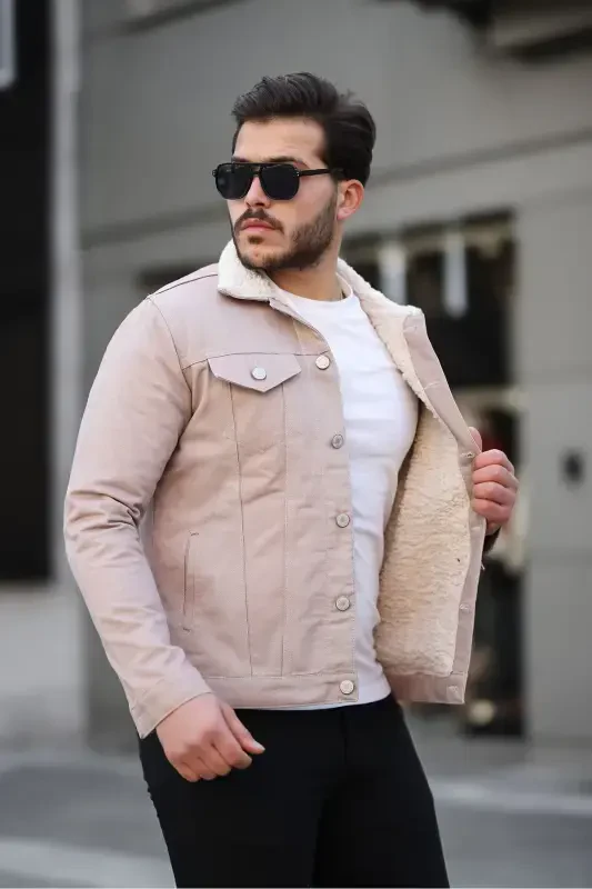 Men's Trendy Winter Fur Lined Denim Jacket Beige-BEIGE - 2