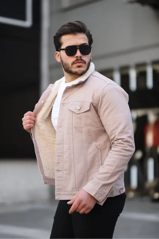 Men's Trendy Winter Fur Lined Denim Jacket Beige-BEIGE - COMSTAR