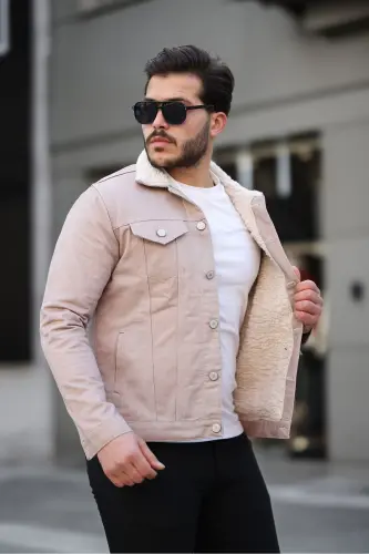 Men's Trendy Winter Fur Lined Denim Jacket Beige-BEIGE - COMSTAR (1)
