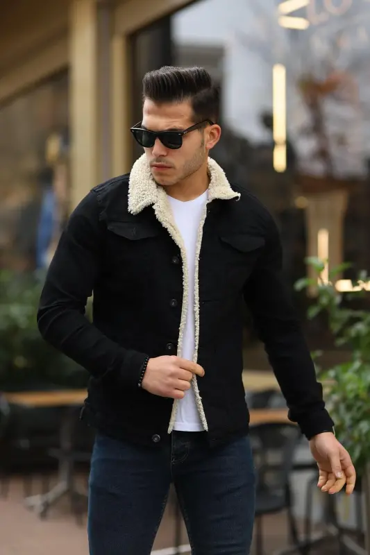 Men's Trendy Winter Fur Lined Denim Jacket Beige Black-AA.BLACK - 5