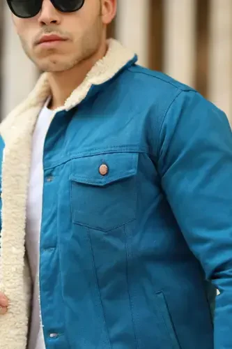 Men's Trendy Winter Fur Lined Denim Jacket Beige Light Blue-A.BLUE - COMSTAR (1)