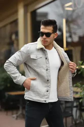 Men's Trendy Winter Fur Lined Denim Jacket Beige Stone-STONE - 1