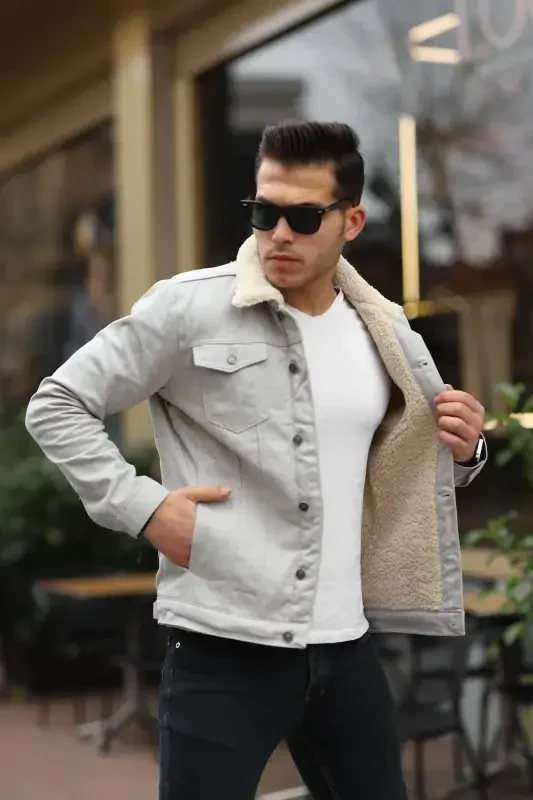 Men's Trendy Winter Fur Lined Denim Jacket Beige Stone-STONE - COMSTAR