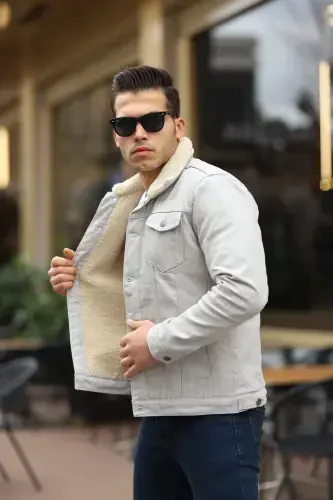 Men's Trendy Winter Fur Lined Denim Jacket Beige Stone-STONE - 3