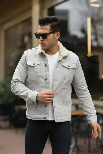 Men's Trendy Winter Fur Lined Denim Jacket Beige Stone-STONE - 4